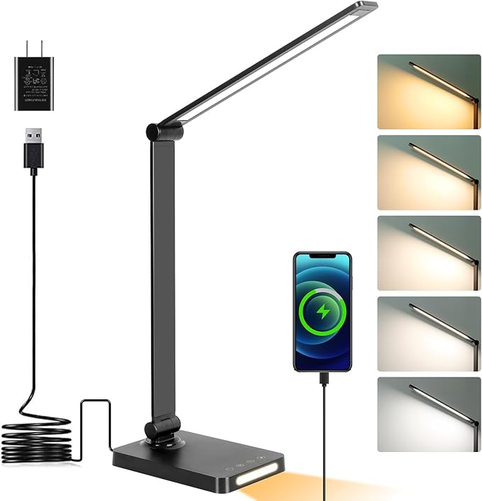 LED Desk Lamp with USB Ports,Touch Desk Lamps for Home Office with 5 Color Modes,3 Brightness Desk Light with Small Night ...