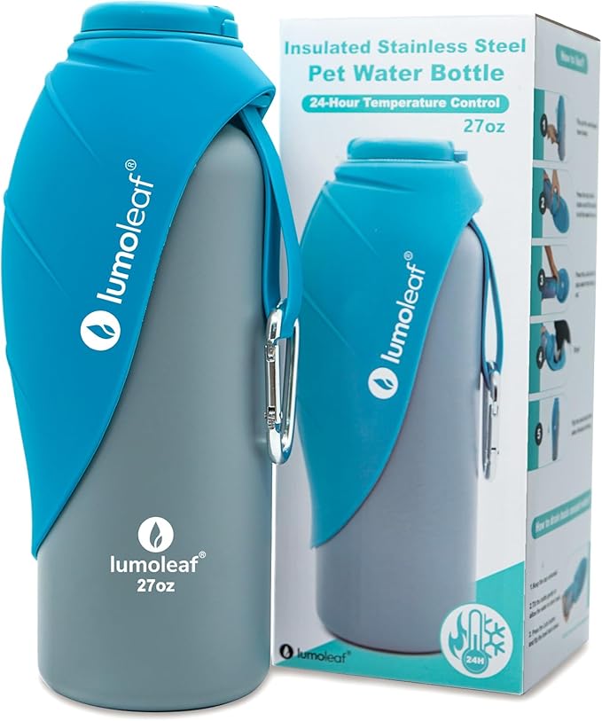 LumoLeaf Insulated Dog Water Bottle 27 oz Stainless Steel - Keep Water Cool or Warm, Portable Pet Water Bowl for Travel, W...