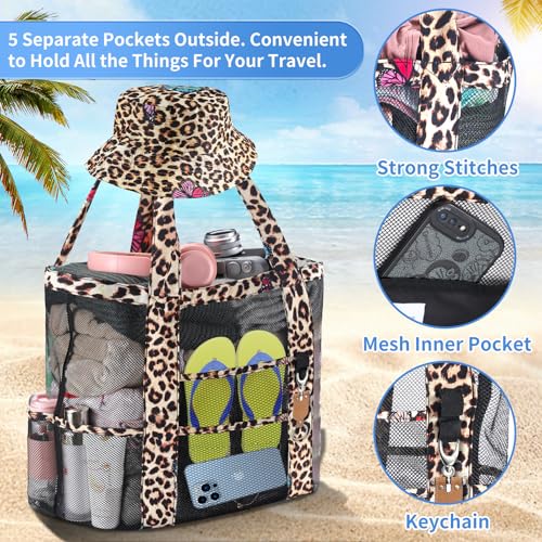 Savvy Harbor Mesh Beach Tote Bag with Sun Hat for Women, Foldable Multi-Purpose Large Tote Bag