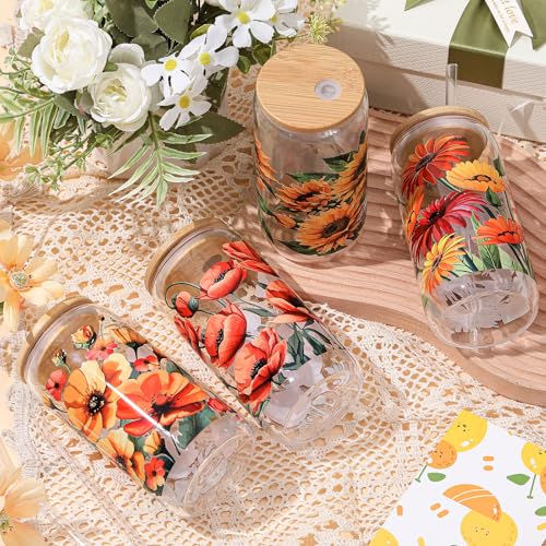Mumufy 4 Pack Oil Flower Themed Gifts for Women Cute Glass Cup Tumbler Flower Iced Coffee Mugs 16 oz Glass with Bamboo Lid...