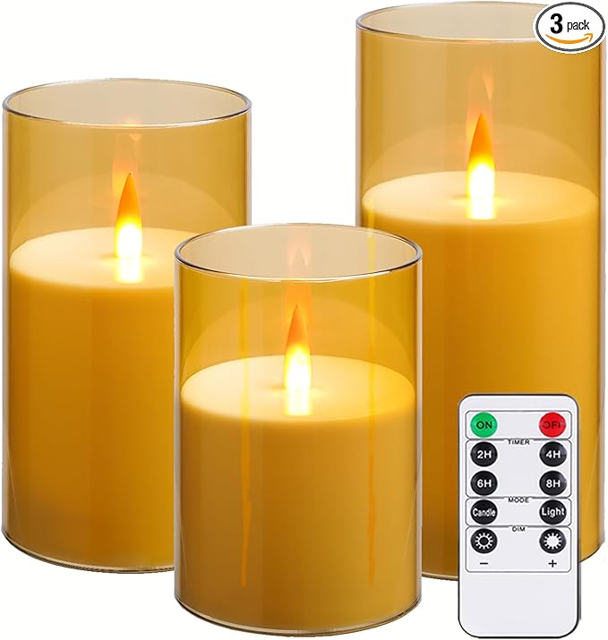 Upinmz Gold Acrylic Flameless Candles with Remote Control and Timers，Battery Operated Candles，LED Pillar Candles with Danc...