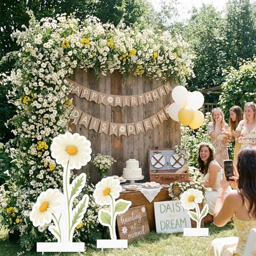 Yookeer 3 Pcs Spring Daisy Party Decorations 40 Inch Large Artificial Flowers Stand-up Signs with Bases Bright Floral Card...