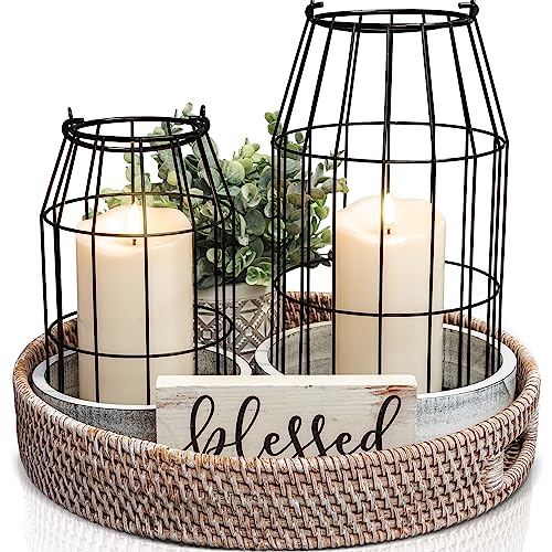 Rustic Farmhouse Lantern Decor Set of 2 - Stylish Decorative Lanterns for Your Living Room, Fireplace Mantle or Kitchen Di...