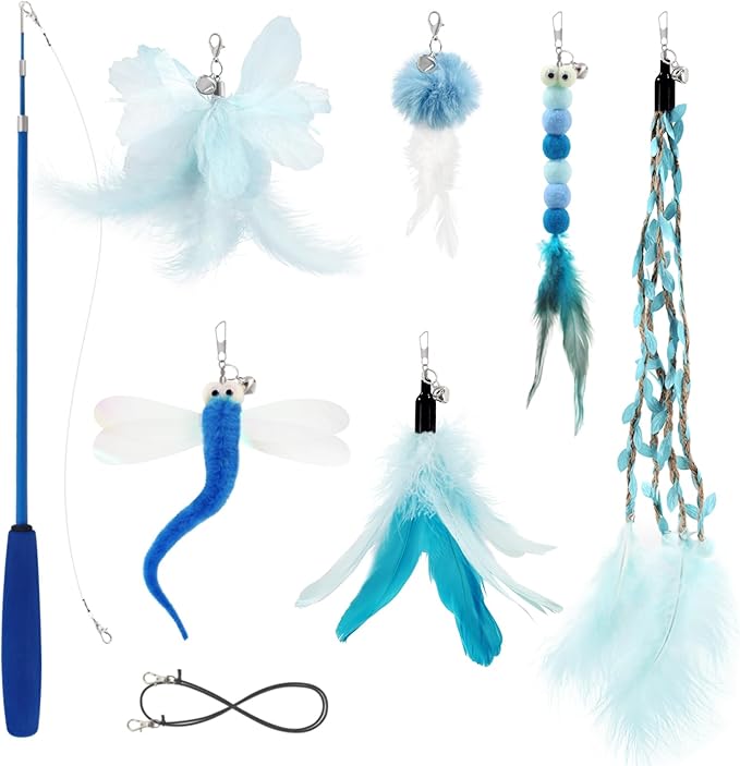SONGWAY Cat Wand Toys for Indoor Cats - Cat Toy Set with Retractable Teaser Wand and 6 PCS Fairy Feather Toy Refills, Drag...