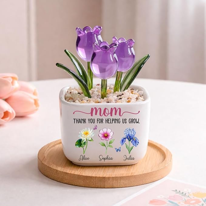 Wrappiness Glass Everlasting Tulips Pot for Women Personalized Gifts - Glass Flowers Decor, Birthday Gift for Mom from Kid...