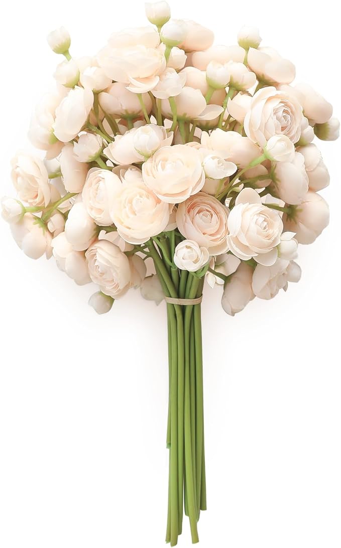 Floroom Ranunculus Artificial Flowers 18 Pcs Champagne Faux Silk Mini Ranunculus Bulk Fake Wedding Filler Flowers for DIY ...