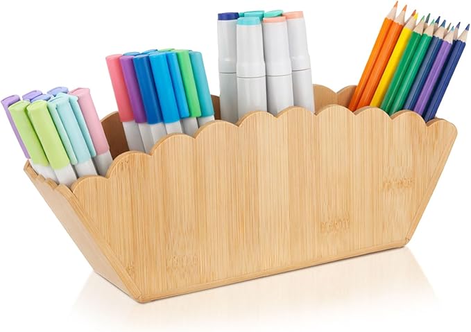 Jetec Scalloped Bamboo Wooden Pencil Holder, Desk Holder with 4 Slots for Desk Organizer Makeup Brushes Pens and Remote St...