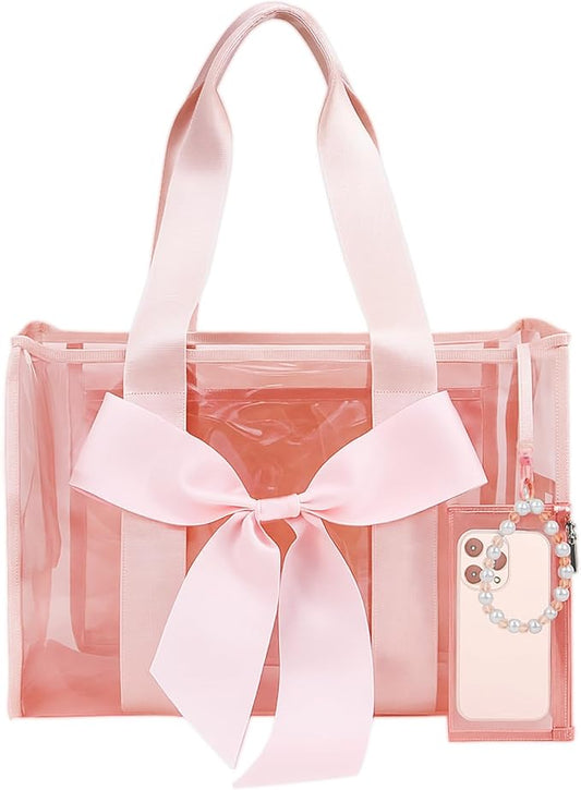 URZCT Jelly Tote Bag,Beach Tote Bag for Women,Pink Beach Bag with Bow,Large Waterproof Zipper Bag