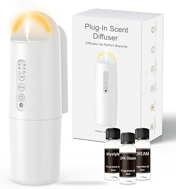 Plug in Waterless Essential Oil Diffuser, Elegant Waterless Scent Diffuser Starter Kit with 24H Smart Timer & Light Senso...
