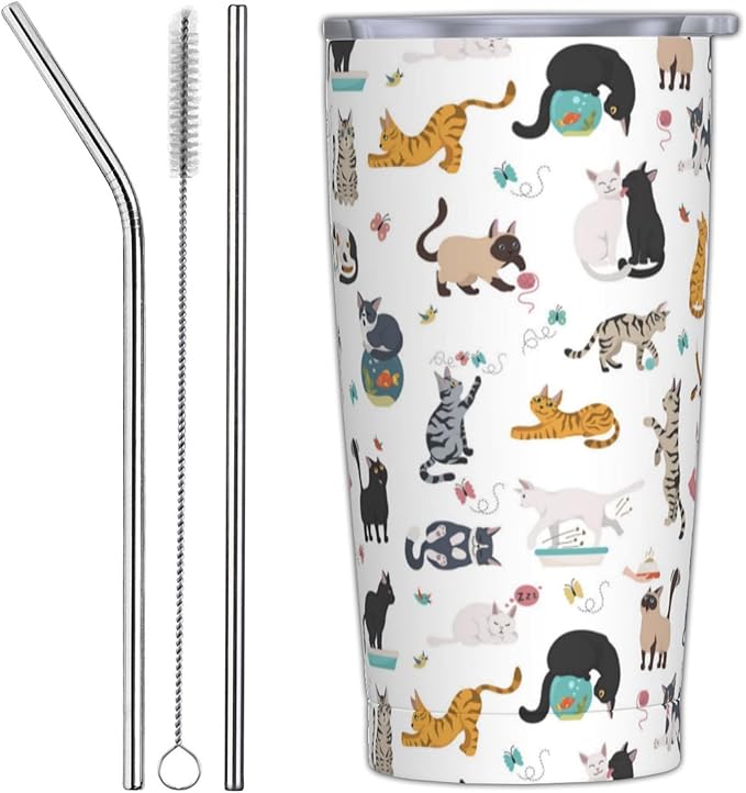 Yobvec Cat Tumbler with Lid and Straw, 20 Oz Stainless Steel Cups Insulated Water Bottle Coffee Mug Gifts for Cat Lover