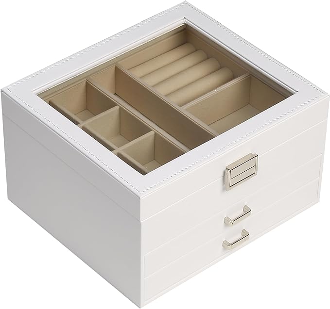 BOOVO Clear Lid Jewelry Box,3 Layers Jewelry Organizer Large Multi-Functional Jewelry Storage Box with 2 Drawers,Jewelry D...