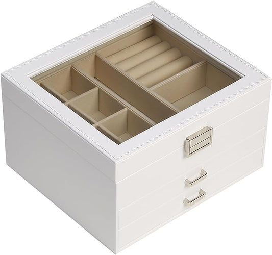 BOOVO Clear Lid Jewelry Box,3 Layers Jewelry Organizer Large Multi-Functional Jewelry Storage Box with 2 Drawers,Jewelry D...