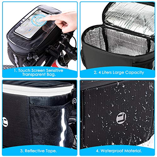 WOTOW Bike Handlebar Insulated Bag, Bike Front Phone Bag Cooler Storage Pouch With TPU Touch Screen Insulation Bicycle Fra...