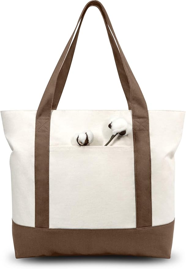TOPDesign 1-Pack Canvas Tote Bag with an External Pocket, Reusable Grocery Shopping Bag, Top Zipper Closure, Daily Essenti...