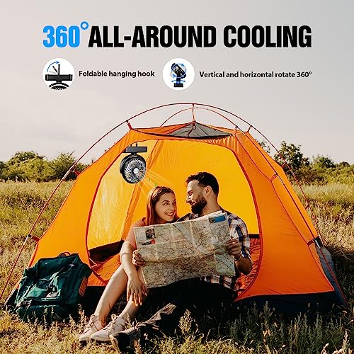 Portable Camping Fan with LED Lantern- 40H Work Time Rechargeable Battery Operated Fan with Hanging Hook for Tent Car RV H...