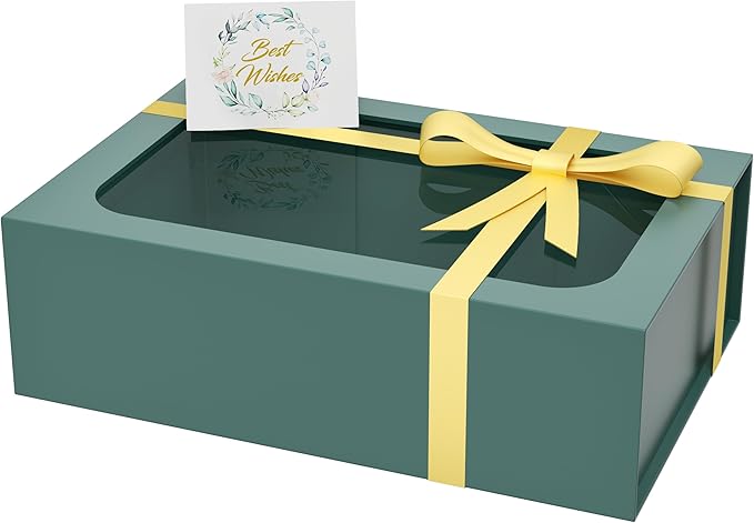 PSHVYM Large Gift Box with Window, 13.5x9x4.3 In Green Gift Box for Presents Magnetic Lids Collapsible for Bridesmaid Prop...
