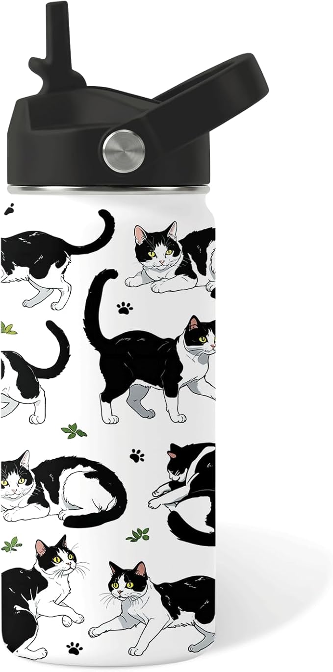 Cat Gifts for Kids - 16oz Black Cat Water Bottle with Straw Lid, Stainless Steel Insulated Bottle, Leak Proof, BPA-Free, f...