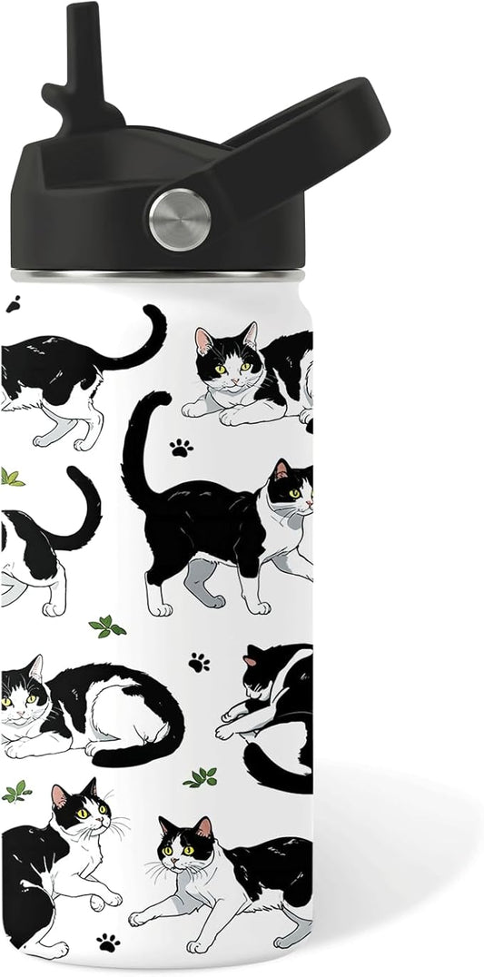 Cat Gifts for Kids - 16oz Black Cat Water Bottle with Straw Lid, Stainless Steel Insulated Bottle, Leak Proof, BPA-Free, f...