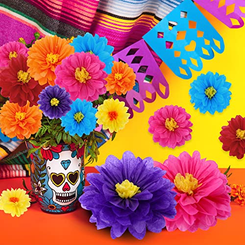 Geyee 36 Pcs Mexican Paper Flowers Colorful Fiesta Tissue Paper Flowers Pom Poms Mexican Carnival for Floral Party Backdro...