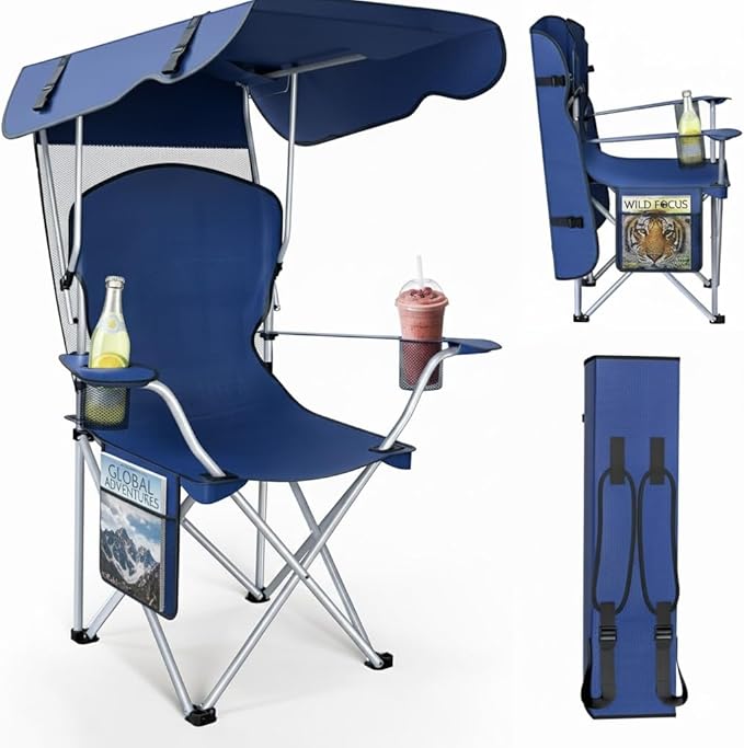 CozyBox Portable Folding Camping Chairs with Canopy Shade, Beach Chair for Adults, Durable Weather Resistant 600D Oxford C...