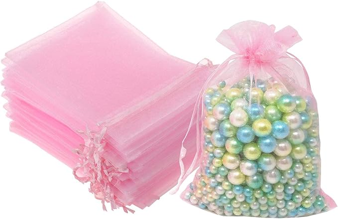 100 Pcs 5x7 inches Gift Wrap Bags Pink, Organza Sheer See Through Fabric, Drawstring Satin Ribbon Pouches for Baby Shower ...