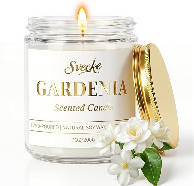 SVECKE Gardenia Scented Candle 7oz Soy Wax Jar Candle Long Burning Aromatherapy Candle for Home Bedroom Gift for Women Men...