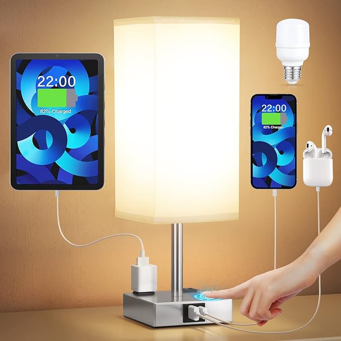 【Upgraded】Bedside Table Lamp Touch Control, with USB C+A Charging Ports & Dual AC Outlets, 3-Way Nightstand Lamp for Bedro...