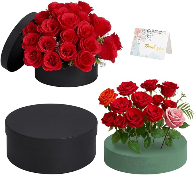 BENECREAT Black Round Gift Box with Lid & Floral Foam Set, 9.2x4.9 Inch Gift Boxes for Flowers for Mother's Day, Valentin...