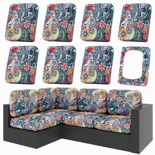 hyha 8Pcs Patio Cushion Covers, Stretch Outdoor Couch Cushion Covers Replacement, Washable Outdoor Chair/Sofa Slipcovers f...