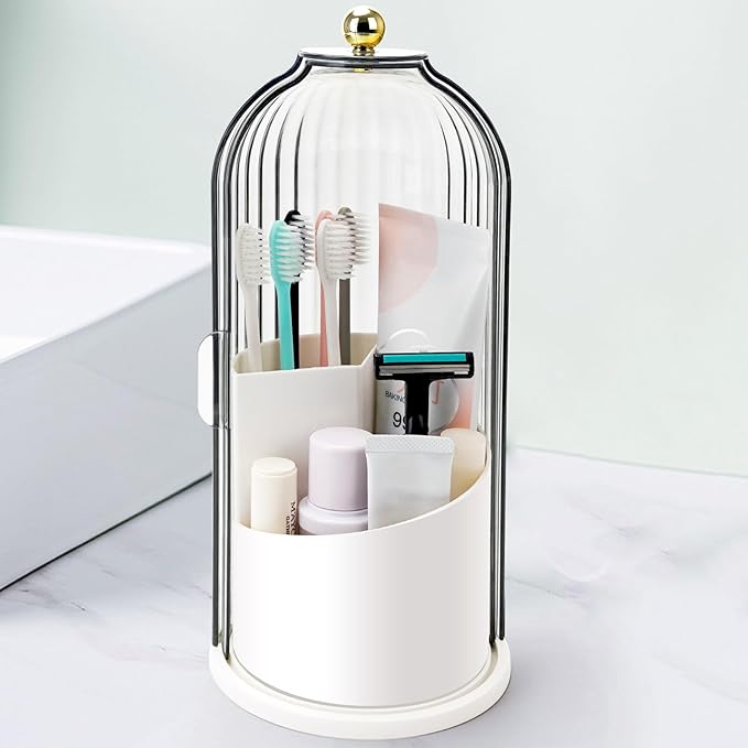 QIYVLOS Toothbrush Holders with Sliding Lid, Rotating 3 Slots Bathroom Organizer Countertop, Tooth Brush Toothpaste Holder...