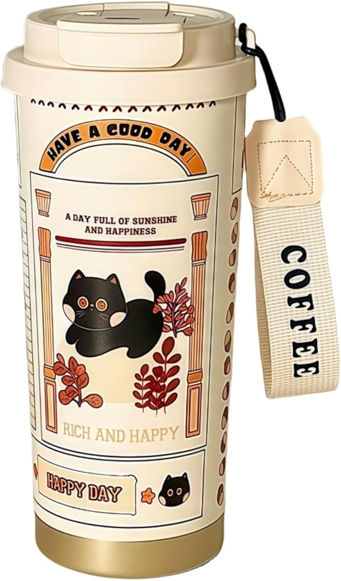 WeiTeTaLuo 16 oz Travel Coffee Mug, 316 Stainless Steel Water Bottle, Cat Insulated Tumbler with Lid and Straw, Leakproof,...