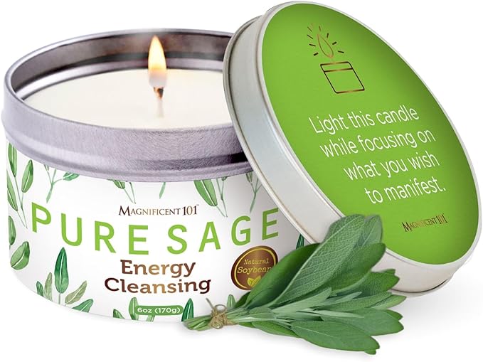 Magnificent 101 Long Lasting Pure White Sage Candle - 6 Oz - 35 Hour Burn Time - Organic, All Natural, Soy Candle to Clean...