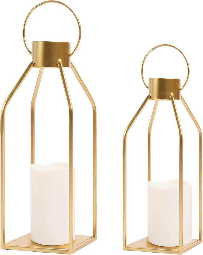 HPC Decor Modern Farmhouse Lantern Decor- Gold Metal Candle Lanterns for Christmas- Lanterns Decorative w/Timer Flickering...