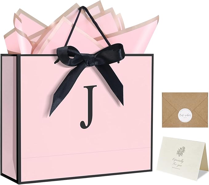 QLSKO Personalized Initial Paper Bag for Women Grils,Monogrammed Gift Bag with Bow Ribbon,Wrapping Tissue and Card Matchin...
