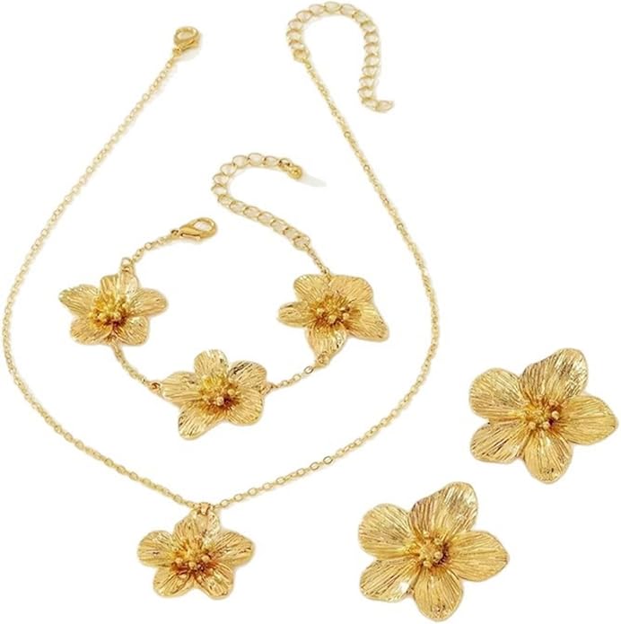 Gold Flower Necklace Bracelet Earrings Set for Women Boho Statement Chunky Big Daisy Flowers Floral Layered Chic Jewelry S...