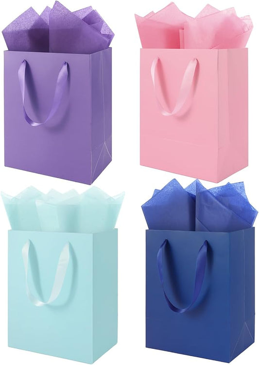 Epoesch 4 Pack Medium Gift Bags With Handles and 8 Tissue Paper, Size 8 X 5 X10 Inch Paper Bags for Birthday Party Baby Sh...