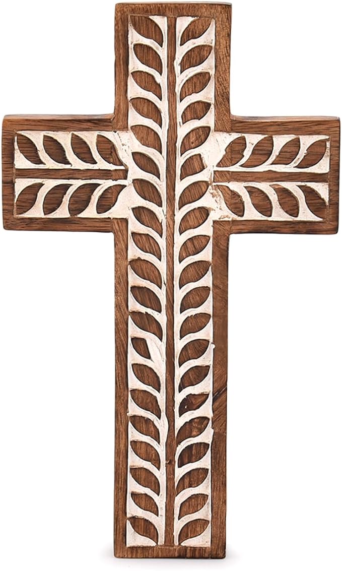 NIRMAN Mango Wood Religious Catholic Cross Wall Hanging Floral Carvings Living Room Home Décor for Entryway Office Living ...