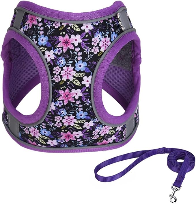 JUFOO XXS Purple Flower Pattern Dog Harness and Leash Set,No Escape Puppy Harnesses for Training Walking，Breathable Adjust...