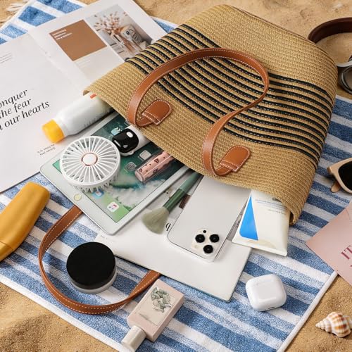 Trifabricy Beach Bags for Women, Summer Straw Beach Bag Straw Purse Shoulder Handbags Large Beach Tote for Summer Vacation