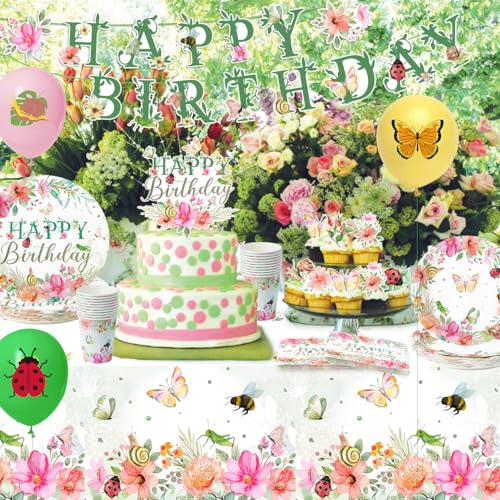 Floral Birthday Party Decorations for Women, Butterfly Party Supplies Includes Flower Plates and Napkins Happy Birthday Ba...