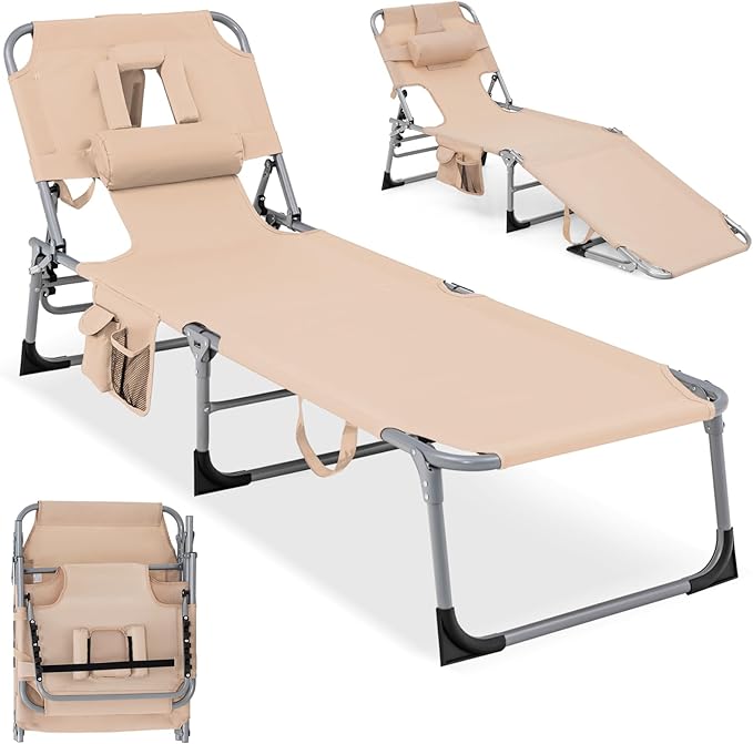 COSTWAY Tanning Chair with Face Hole, Folding Beach Lounge Chair with 4-Position Adjustable Backrest, Pillow & Side Pocke...