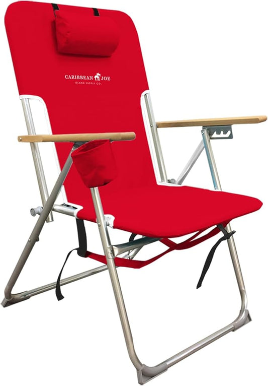 CARIBBEAN JOE Folding Beach Chair, 4 Position Portable Backpack Foldable Camping Chair with Headrest, Cup Holder, and Wood...