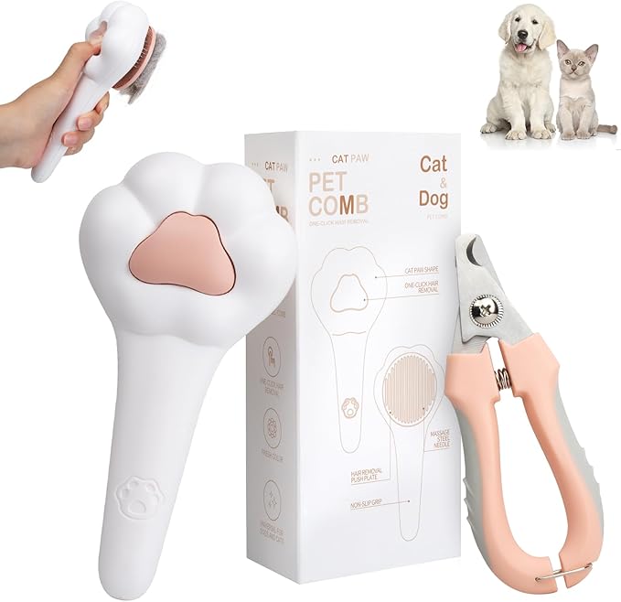 Self-Cleaning Cat Brush for Shedding with Cat Nail Clipper 2-Piece Set for Pets That Shed a Lot or Have Overgrown Nails,In...