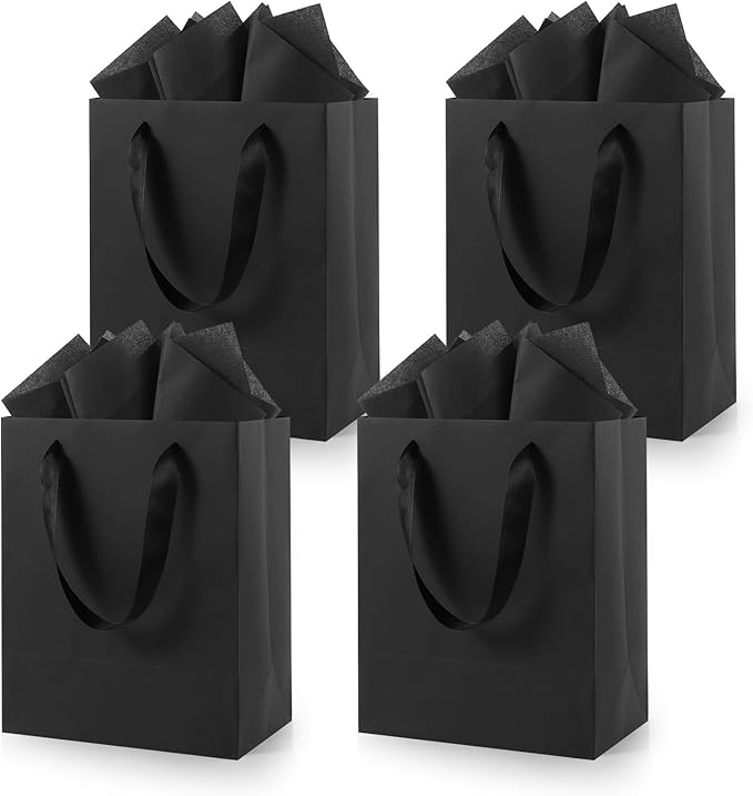 Epoesch Black Small Gift Bags with Handles and Tissue Paper, 8x5x10 Inch 4 Pack Paper Bags for Men, Women, Birthdays Part...