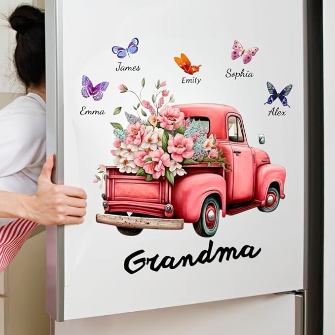 Grandma Pink Floral Truck Butterfly Sticker, Grandma Floral Butterfly Fridge Decal with Grandkids Names, Colorful Butterfl...
