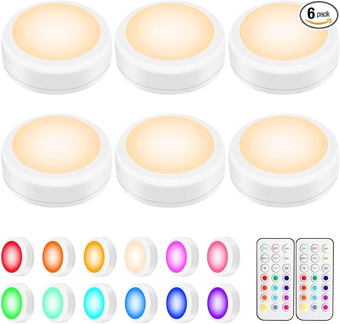 BLS LED Puck Lights with Remote Control, Wireless Under Cabinet & Closet Lighting, RGB 13 Color Changing Lights with Dimme...