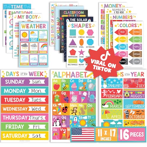 Hadley Designs 16 Educational Posters for Toddlers 1-3 - Learning Poster for Kids Ages 3-5, Alphabet Chart Playroom Homesc...
