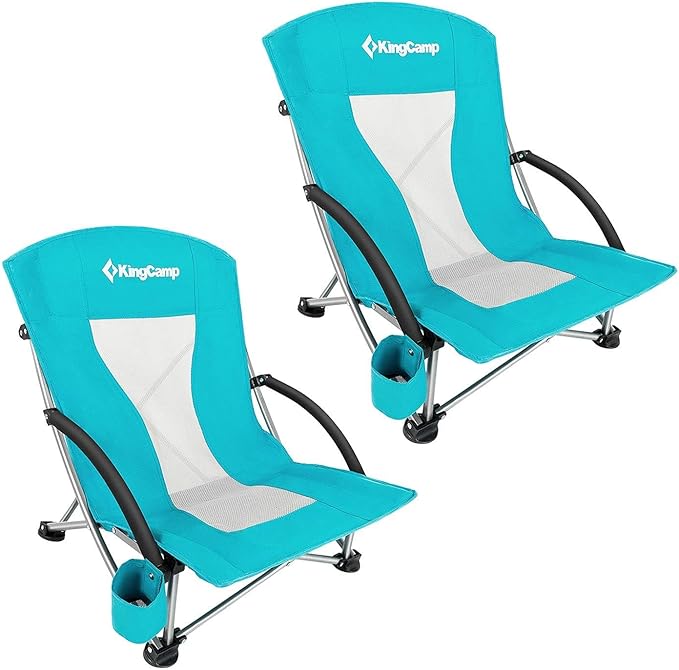 KingCamp Low Beach Chair, High Back Folding Camping Chair for Adults, Oversized Breathable Mesh Seat, 300lbs Heavy Duty Po...