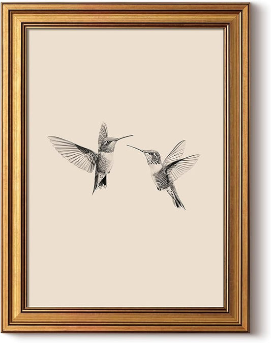 InSimSea Gold Framed Canvas Prints Wall Art, Vintage Birds Decor, Two Hummingbirds Sketch Paintings Farmhouse Wall Decor A...