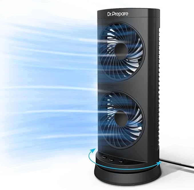 Dr. Prepare Desk Fan Tower Fan Cooling Fan, Portable Oscillating Fan with 3-Speed Options, Dual Air Circulation, 110° Osci...